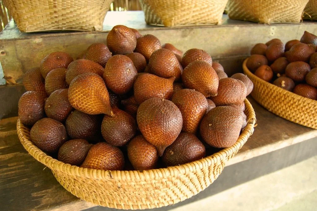 The unique snake-like skin of the Salak, a must-try tropical fruit from Bali.