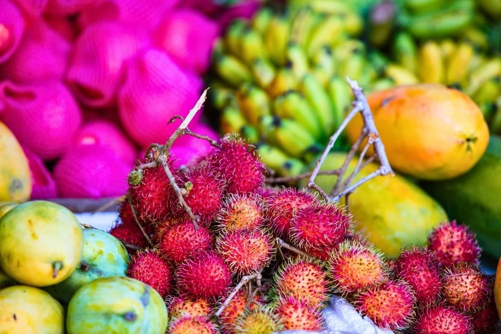 A vibrant assortment of tropical fruits in Bali, including mangosteen, rambutan, and dragon fruit.